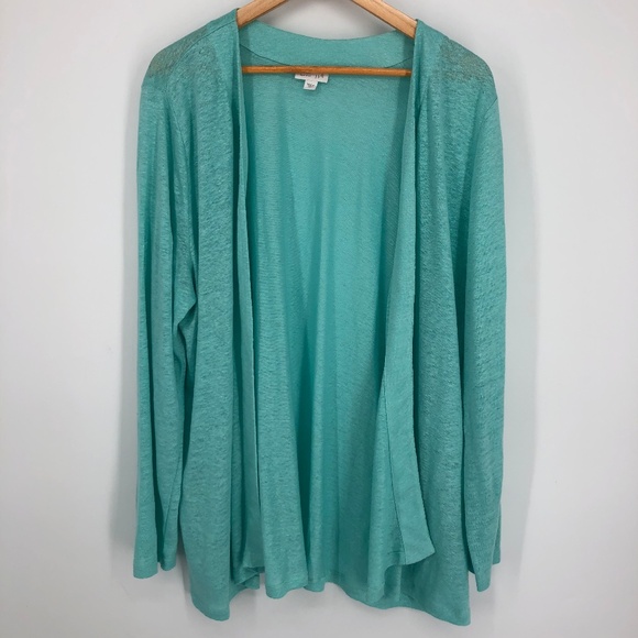 J Jill Womens Love Linen Cardigan Size XL Aqua Blue Longline Open Front Classic - Picture 1 of 9